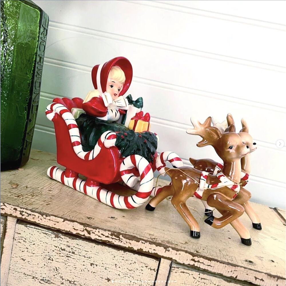 Vintage 1956 Lefton Christmas Girl Sleigh Candy Cane BOTH REINDEER REPAIRED